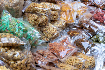 Dried seafood displayed at a bustling market in Hong Kong