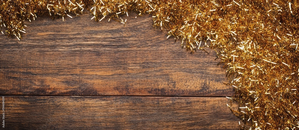Poster festive holiday backdrop with golden tinsel on rustic wooden table for christmas and new year celebr