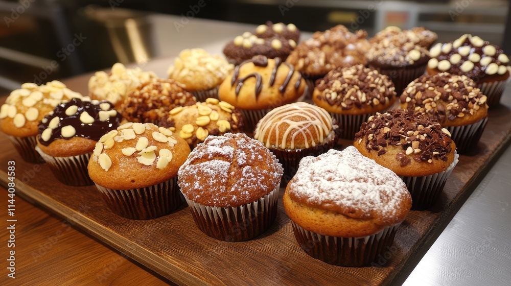 Aufkleber assorted handmade muffins displayed on a wooden tray showcasing various toppings and flavors in a co