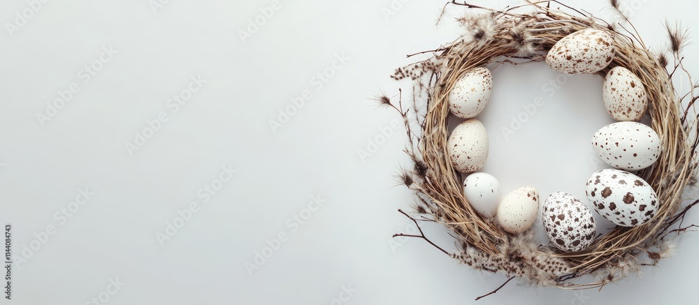 Poster Easter wreath with birch branches quail feathers and eggs on a white background space for greeting text flat lay composition