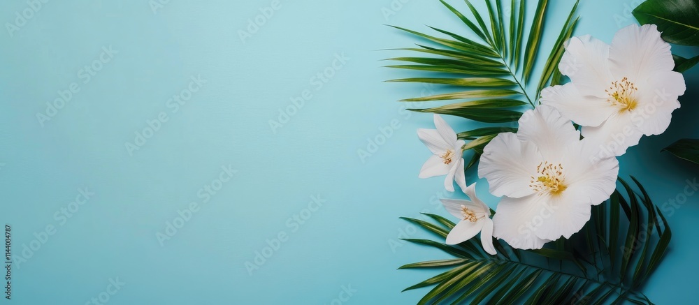 Poster Elegant summer theme with a white flower arrangement on a blue backdrop featuring graceful handwriting and a refreshing aesthetic.