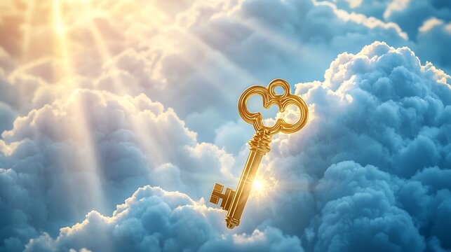 Bright golden key emerging from clouds against a vibrant blue sky with rays of warm radiant sunlight shining through symbolizing opportunity success and the unlocking of one s potential