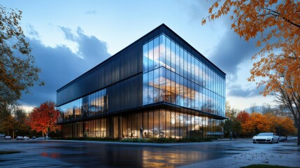 Obraz premium contemporary office building with clean glass facade, modern architecture, sleek lines, urban setting, stylish design, reflective surfaces, high-tech