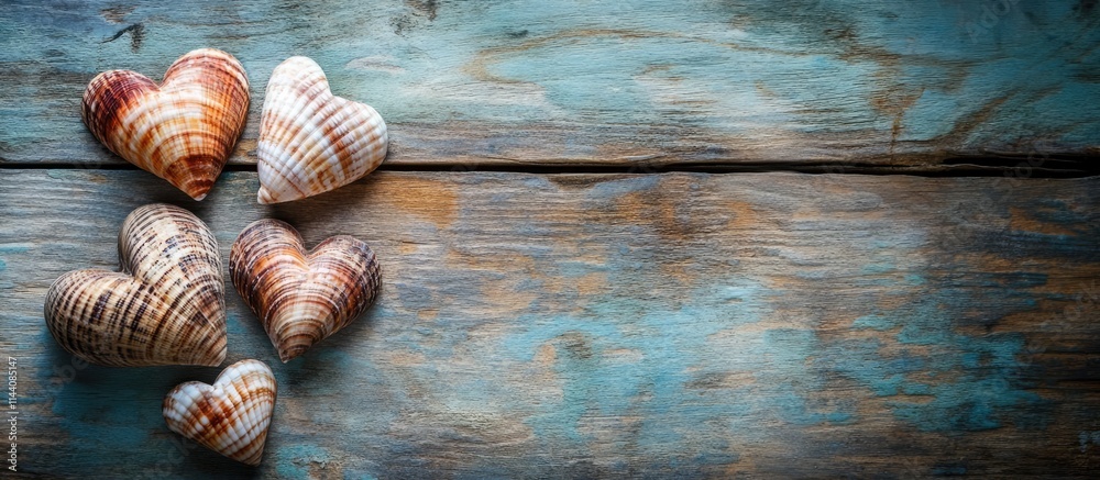 Poster heart shaped seashells displayed on weathered wooden surface creating a rustic, coastal decorative t