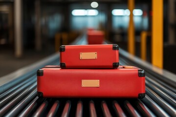 luggage conveyor concept. A wide-angle view of a conveyor system sorting luggage by destination for streamlined loading