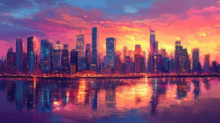 Fototapeta premium city skyline at sunset, vibrant colors in the sky, modern cityscape, panoramic view, calm river reflecting lights, dynamic urban atmosphere, evening glow, tall buildings