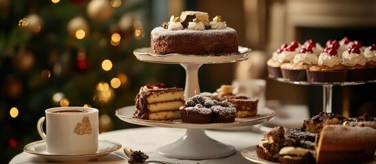 Fototapeta premium Festive hot chocolate and assorted Christmas cakes beautifully arranged on a table with a cozy holiday ambiance.