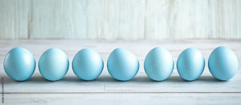 Poster blue easter eggs neatly lined up on a light gray wooden surface with ample space for personalized te
