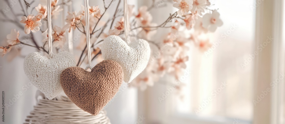 Poster hearts in neutral tones hanging from a floral arrangement in a vase with a soft background creating 
