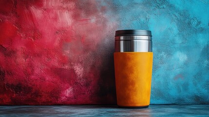 Yellow thermos on red and blue textured background.