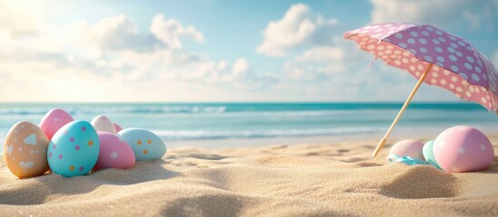 Easter themed beach scene with colorful eggs and umbrellas on sandy shore under a bright sky and calm ocean backdrop