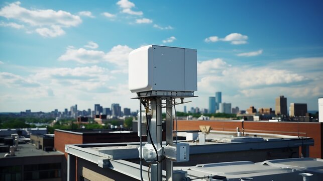Close up detailed view of a 4G LTE antenna system mounted on the rooftop of a commercial or residential building showcasing the wireless communication technology and infrastructure