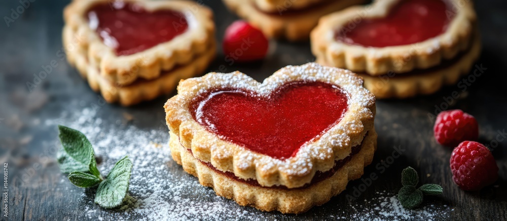 Aufkleber Heart shaped Linzer cookies with raspberry jam and powdered sugar on rustic wooden background, perfect for romantic occasions.