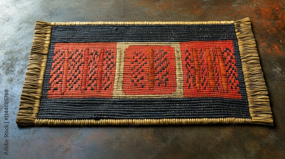 Poster handcrafted colorful woven reed mat artfully designed with intricate patterns and textured borders f