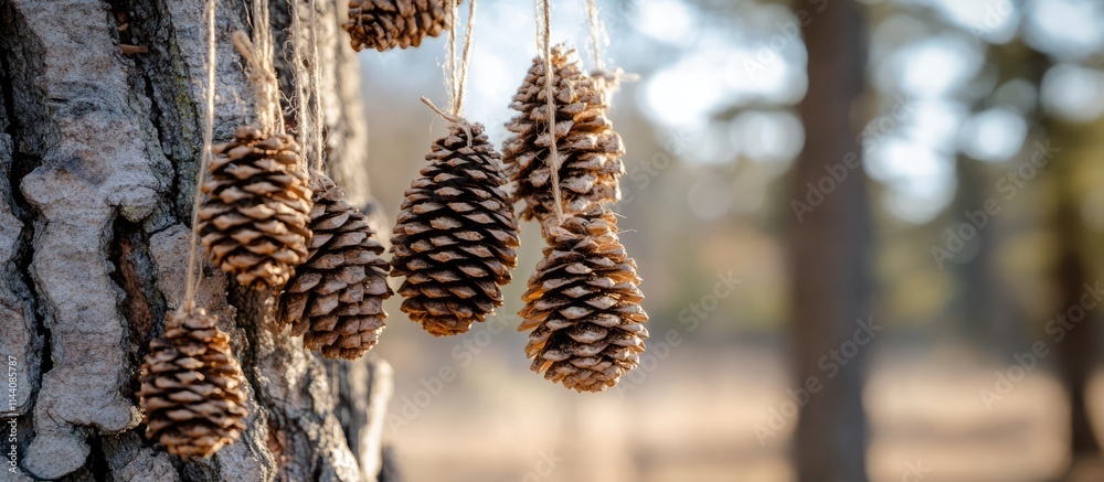 Poster handmade pine cone decorations crafted with natural materials hanging on a tree in a serene forest s