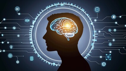 Human Silhouette Hologram with Brain and Circuitry, Representing the Fusion of Technology and Neuroscience, Symbolizing Innovation, Artificial Intelligence, and the Future of Human-Machine