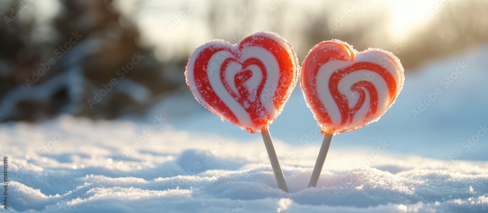 Aufkleber heart shaped peppermint lollipops in snow creating a whimsical winter scene with soft natural lighti