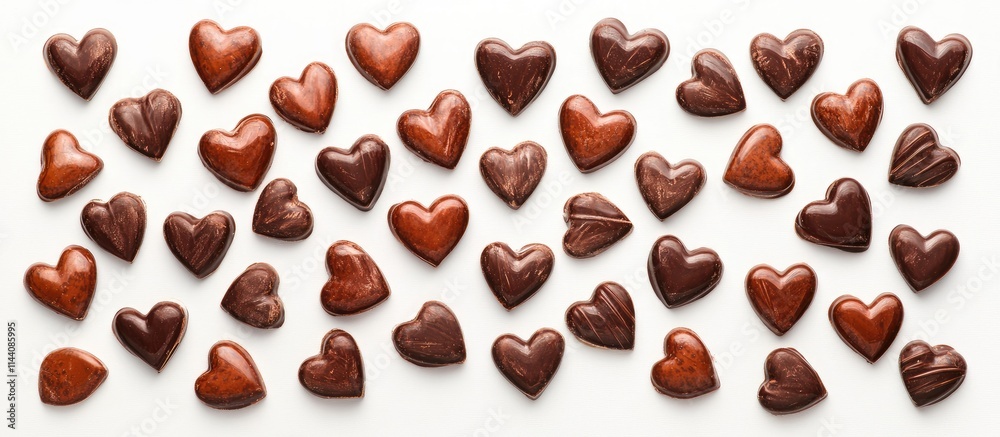 Poster chocolate heart shapes artistically arranged on a clean white background creating a romantic and ind