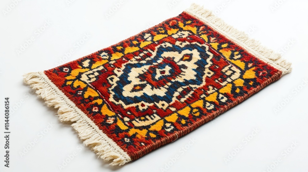 Poster handcrafted traditional mini carpet with colorful patterns and fringes on a clean white background s