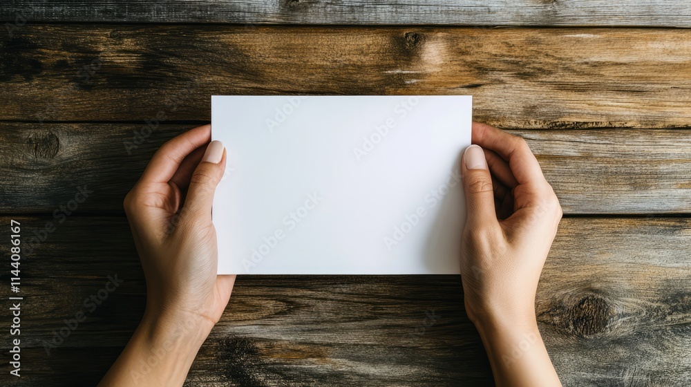 Poster Hands holding a blank white paper against a rustic wooden background conveying the concept of absence or unavailability.