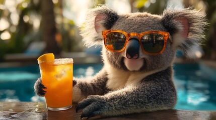 Colorful koala in sunglasses enjoying a refreshing fruit cocktail by the pool under palm trees. Capturing the essence of a tropical holiday getaway.