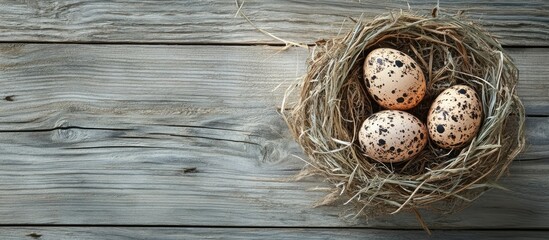 Obraz premium Easter greeting card and decorative nest with eggs on rustic wooden background for seasonal celebrations and festive decoration ideas