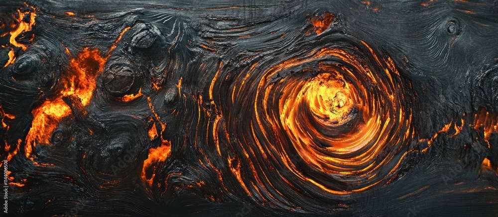 Poster vivid abstract design of scorched wood with fiery swirls and textures