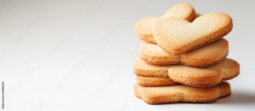 Poster heart shaped cookies stacked on white background with copyspace for romantic themes or celebrations 