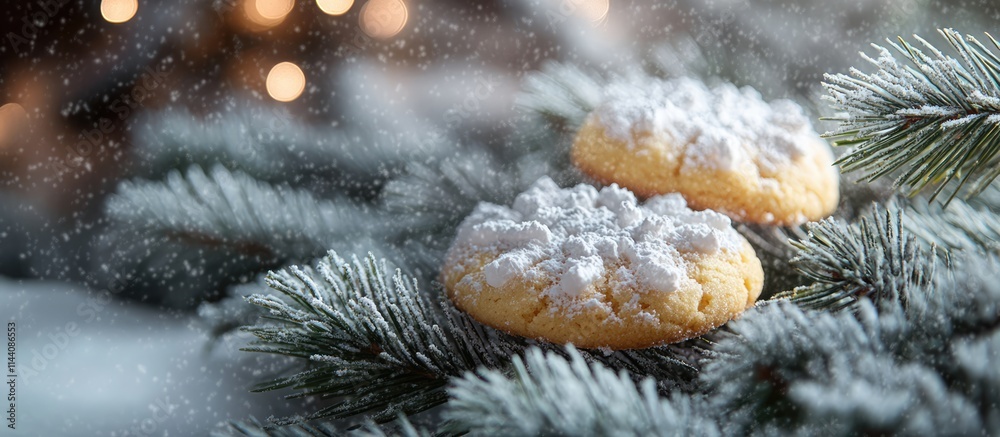 Poster homemade cookies dusted with icing sugar resting on snowy fir branches during winter creating a cozy