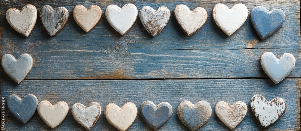 Aufkleber Hearts arranged in decorative frame on rustic wooden background creating a charming and romantic atmosphere for various designs