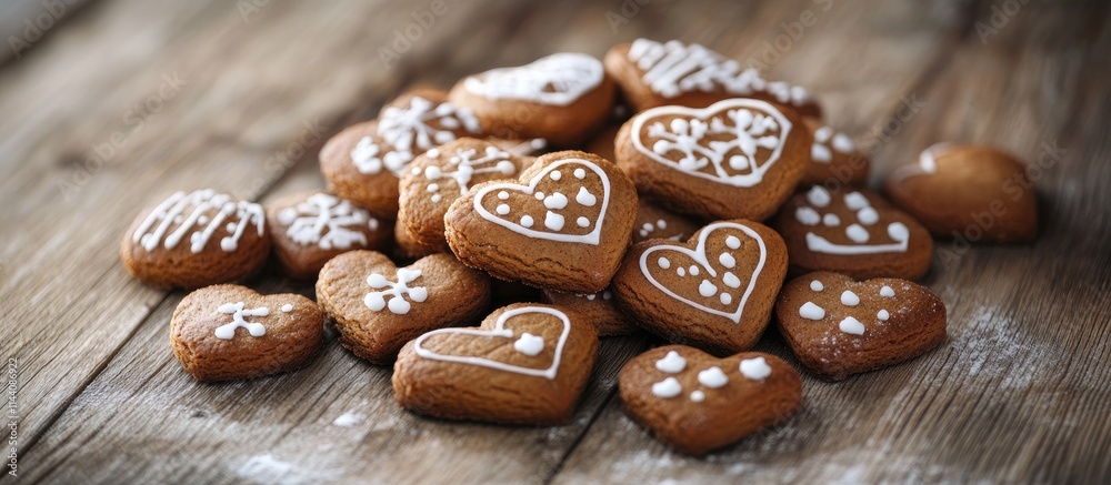 Aufkleber heart shaped gingerbread biscuits arranged on rustic wooden surface decorated with icing and sugar f