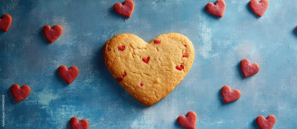 Poster heart shaped cookie surrounded by smaller heart cookies on a blue textured background ideal for roma