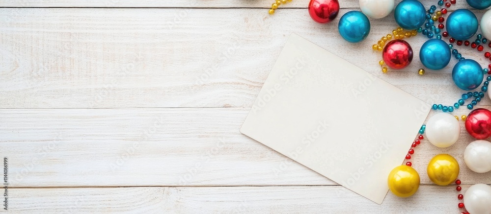Poster gingerbread snowman cookie with colorful beads and empty postcard on a light wooden surface perfect 