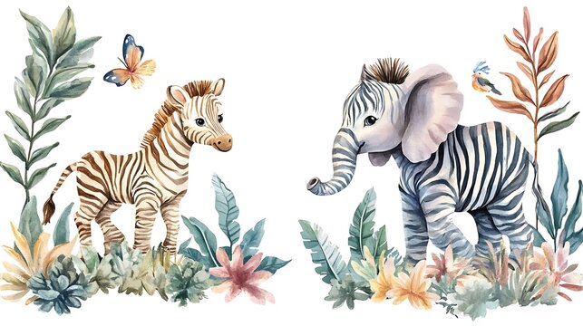 Cute baby zebra and elephant watercolor illustration in nature.. AI Generated