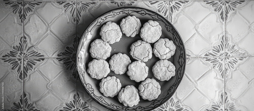 Poster Homemade uncooked ginger cookies on decorative patterned background in black and white overhead view preparing for baking session