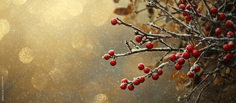 Fototapete holiday backdrop of frosted berries and fir tree branches with bokeh lights on a textured surface id