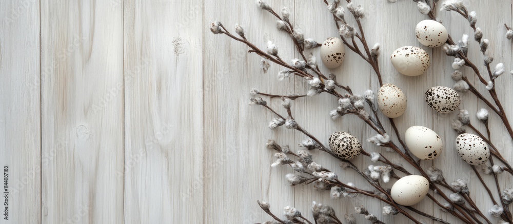 Poster springtime decorations with delicate branches and decorative eggs on a light wooden background ideal