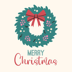 Christmas wreath card. Xmas postcard. Fir wreath with bow.