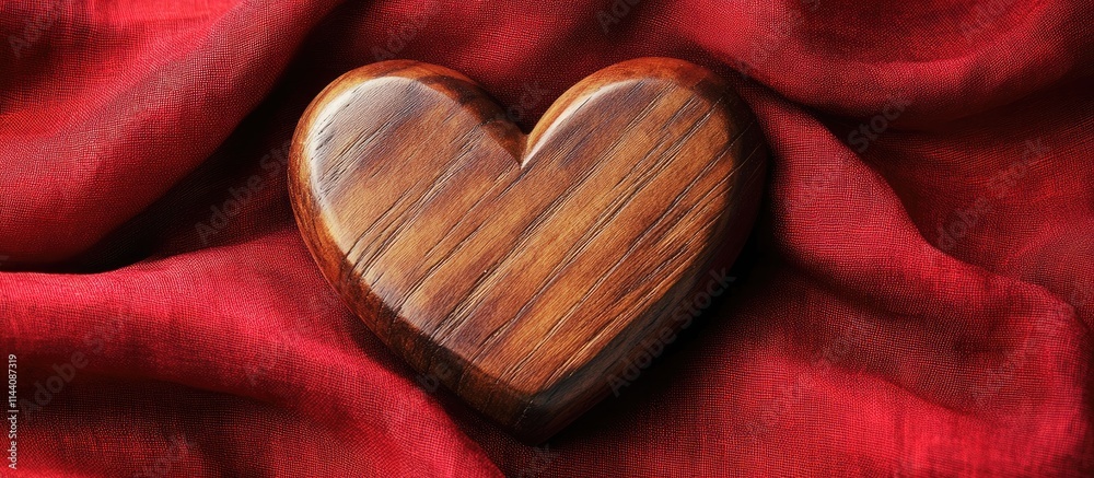Poster wooden heart sculpture resting on rich red fabric creating a warm romantic atmosphere. ideal for lov