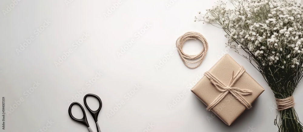 Poster gift box with jute rope scissors and fresh flowers on white background creating an elegant arrangeme