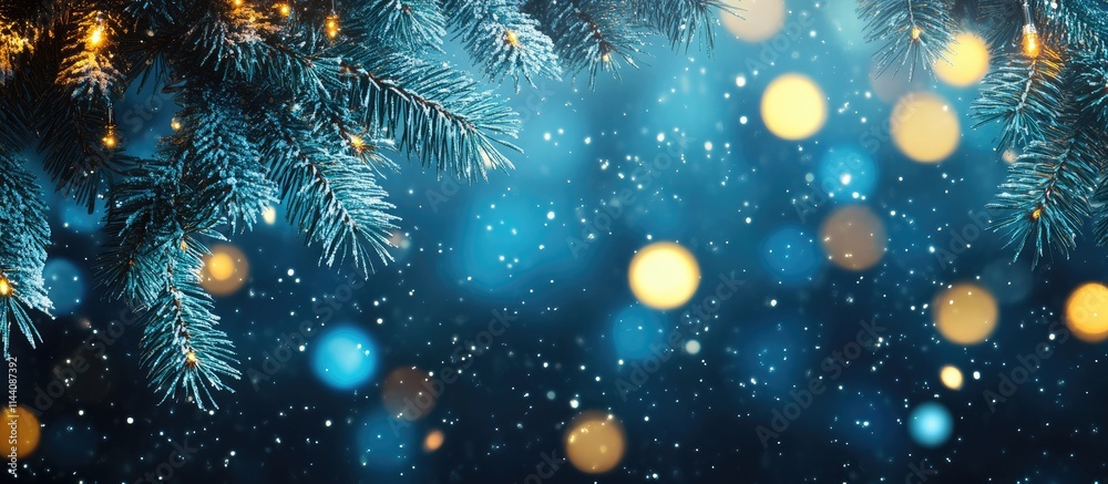 Aufkleber festive bokeh background with blurred blue and golden lights and pine branches creating a magical ho