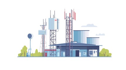 Fototapeta premium Modern Cellular Tower Infrastructure: Vector Illustration of a Suburban Communication Hub. AI Generated