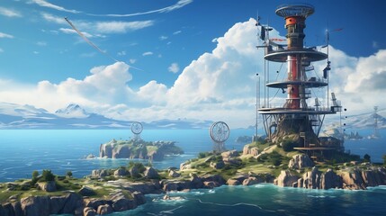 Obraz premium Coastal Navigation Tower with Antennas Overlooking the Serene Ocean Landscape The tower is equipped with various communication antennas for maritime navigation and signaling