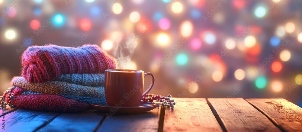 Poster Cozy hot cocoa with warm wool sweaters on a rustic wooden table against a vibrant bokeh background filled with festive colors and garlands