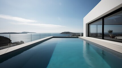 Fototapeta premium Infinity pool overlooking a scenic ocean vista from a modern white villa.