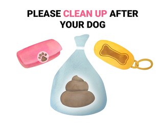 Clean up after dog banner. Dog poop bags, Instructions for collecting excrement after walking with pet, containers for poop, hygiene animal, toilet cleaning information