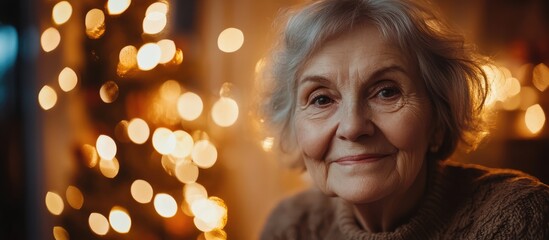 Smiling senior woman enjoying holiday spirit indoors with warm lights in background, capturing joy and warmth of family gatherings