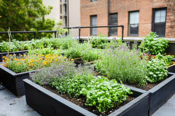 Urban rooftop garden with lush vegetables and herbs in city setting