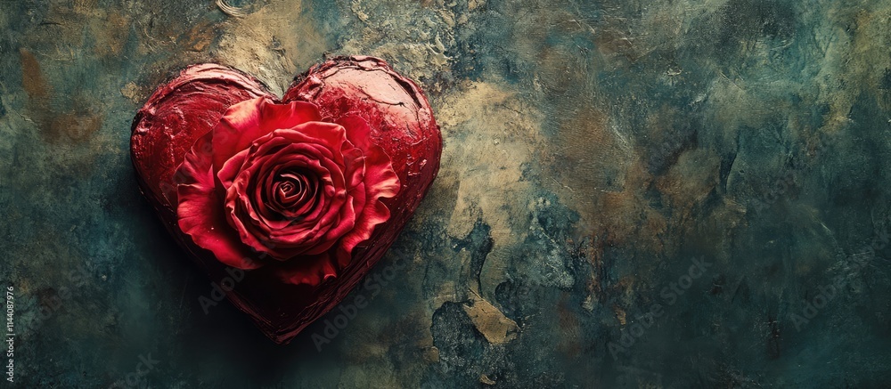 Poster red heart with rose on textured background symbolizing love and passion ideal for romantic themes an
