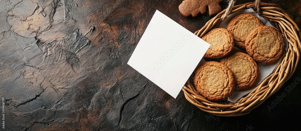 Poster Homemade gingerbread cookies in a wicker basket with a blank card for personalized messages or holiday greetings on a rustic background